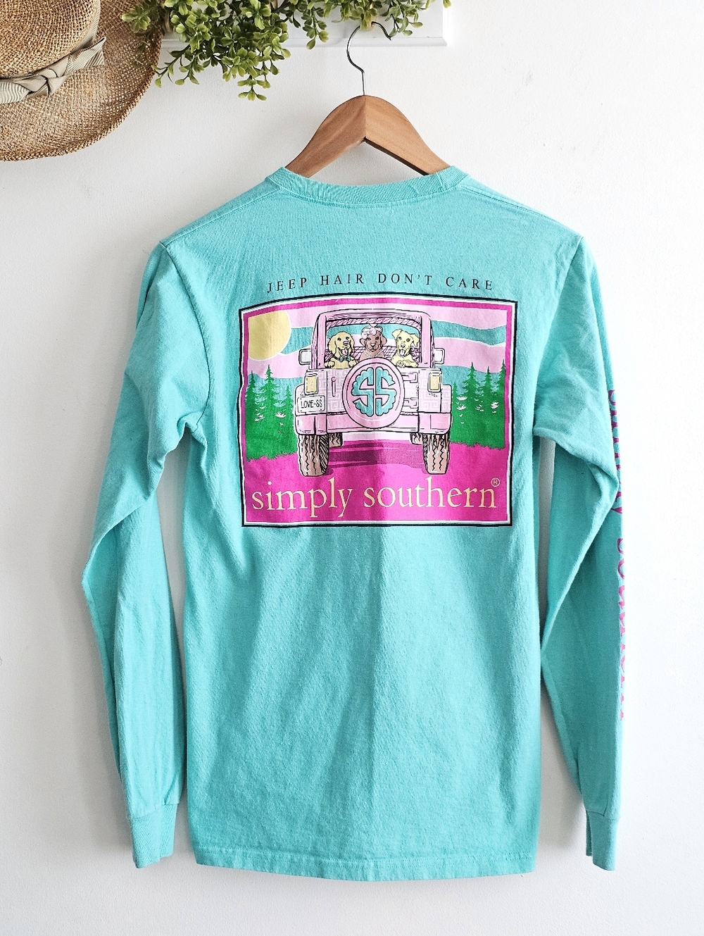 Simply Southern Jeep Hair Don’t Care Long Sleeve Tee Small Mint Green Dogs